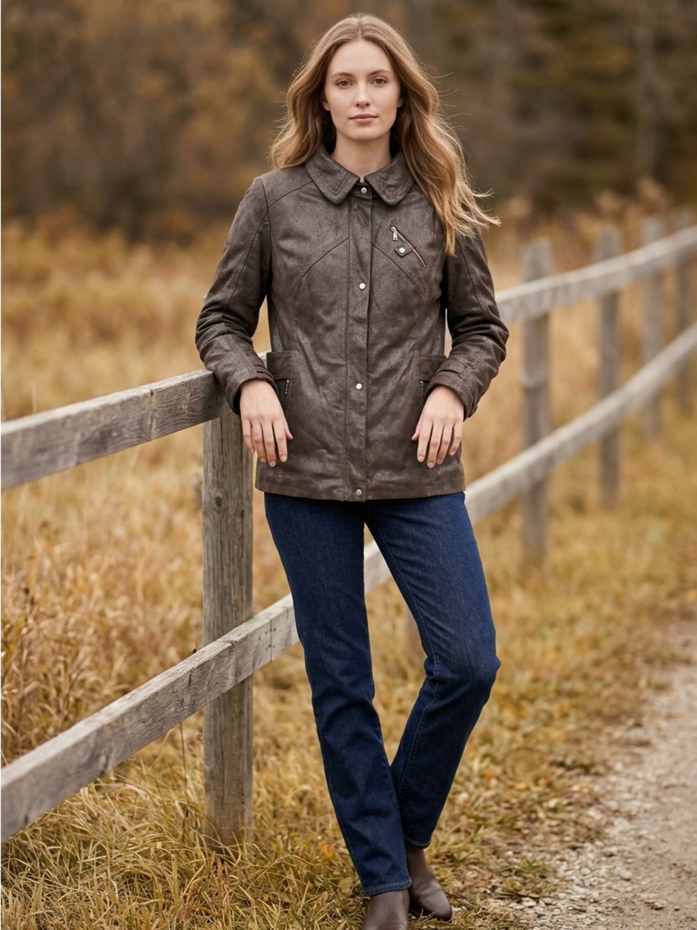Danier Brown real genuine Leather Snap-Front Jacket with Love Horse inside - Picture 5 of 10
